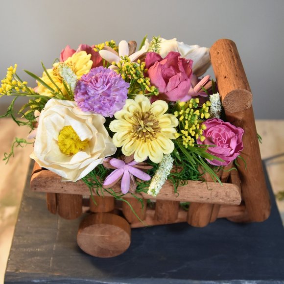 Cheerful garden arrangement of airbrushed Sola wood flowers in a garden cart - Picture 11 of 15